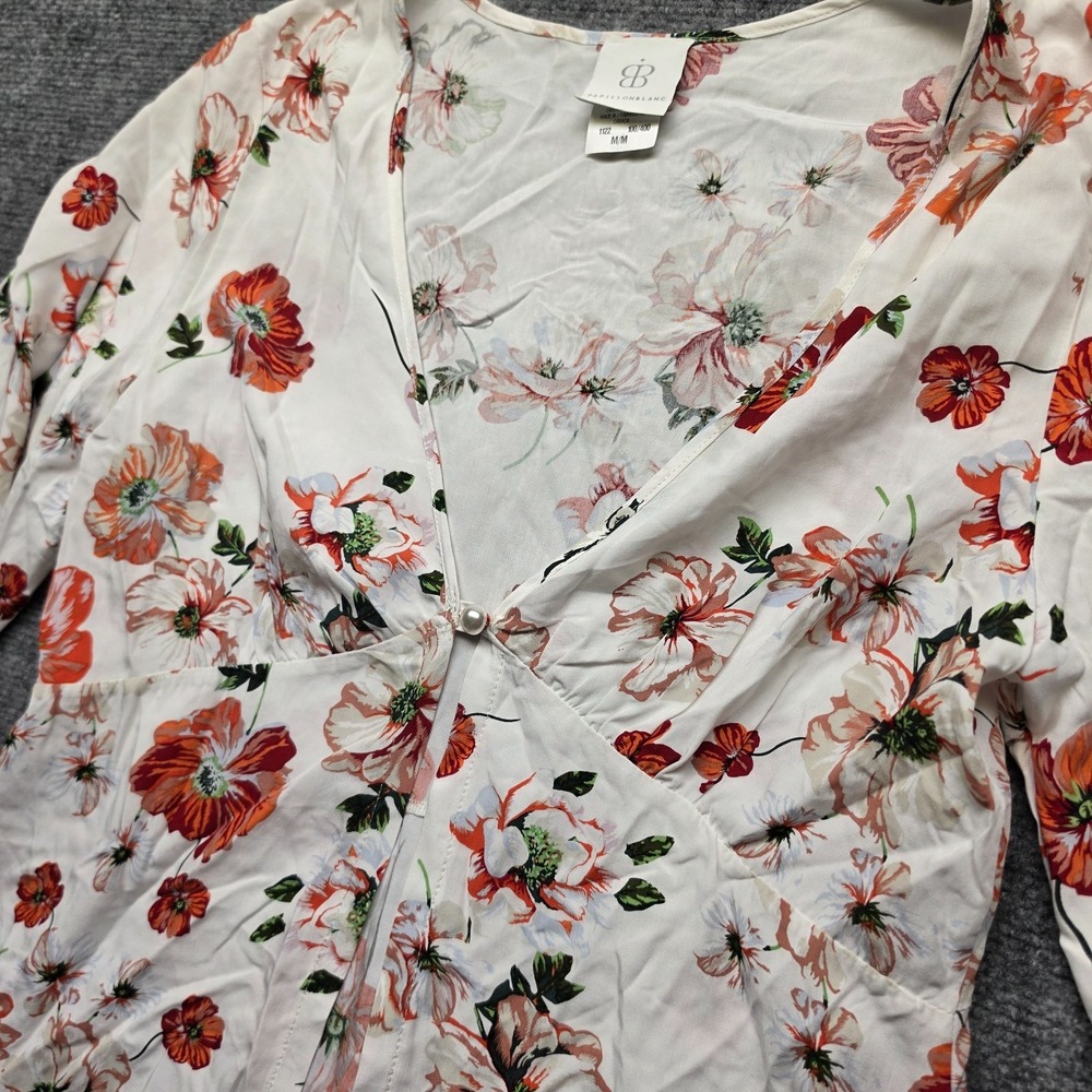 Papillon Blanc Poppy Floral Kimono Tunic Top Womens M Split Front Pearl Accent - Picture 7 of 9
